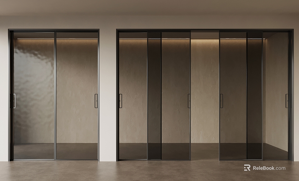 Sliding Doors With Black Frame Glass And Wooden Panels In Modern Interior 3d model 