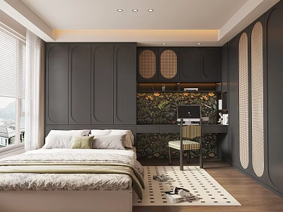 Tatami Bedroom Interior with Dark Walls Rattan Decor Wooden Flooring Desk and Window Rug 3d model