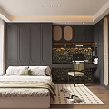 Tatami Bedroom Interior with Dark Walls Rattan Decor Wooden Flooring Desk and Window Rug