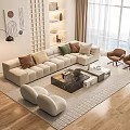 Modern Beige L shaped Sofa And Coffee Table Set With Accent Pillows Wooden Floor Natural Light
