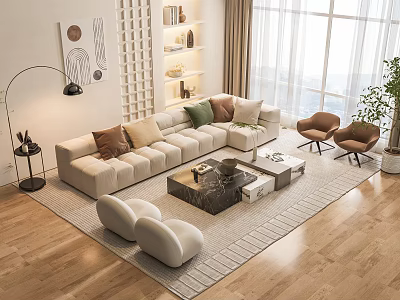 Modern Beige L shaped Sofa And Coffee Table Set With Accent Pillows Wooden Floor Natural Light 3d model