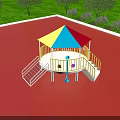 Outdoor Playground Equipment Featuring Colorful Canopy Yellow Railings White Stairs Red Floor and Green Grass