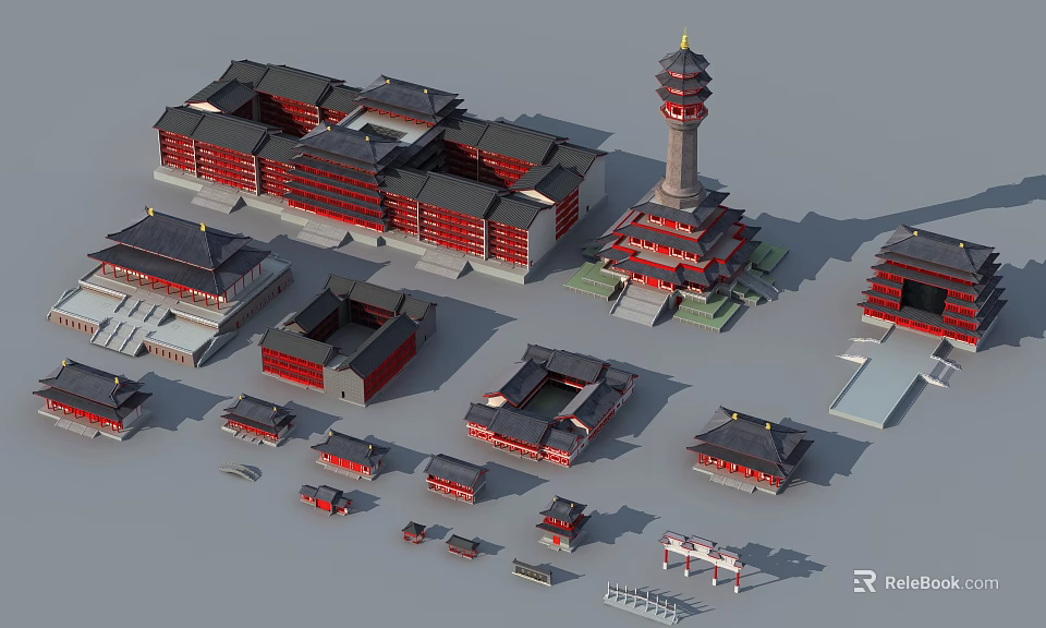 Ancient Chinese Architecture Complex With Traditional Red Buildings Tower And Courtyard Layout 3d model 