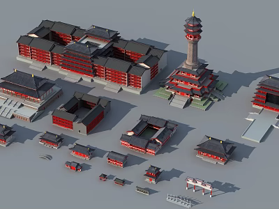Ancient Chinese Architecture Complex With Traditional Red Buildings Tower And Courtyard Layout 3d model