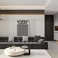 Modern Elegant Living Dining Room Interior With Open TV Wall Fireplace White Gray Cabinetry Shelves
