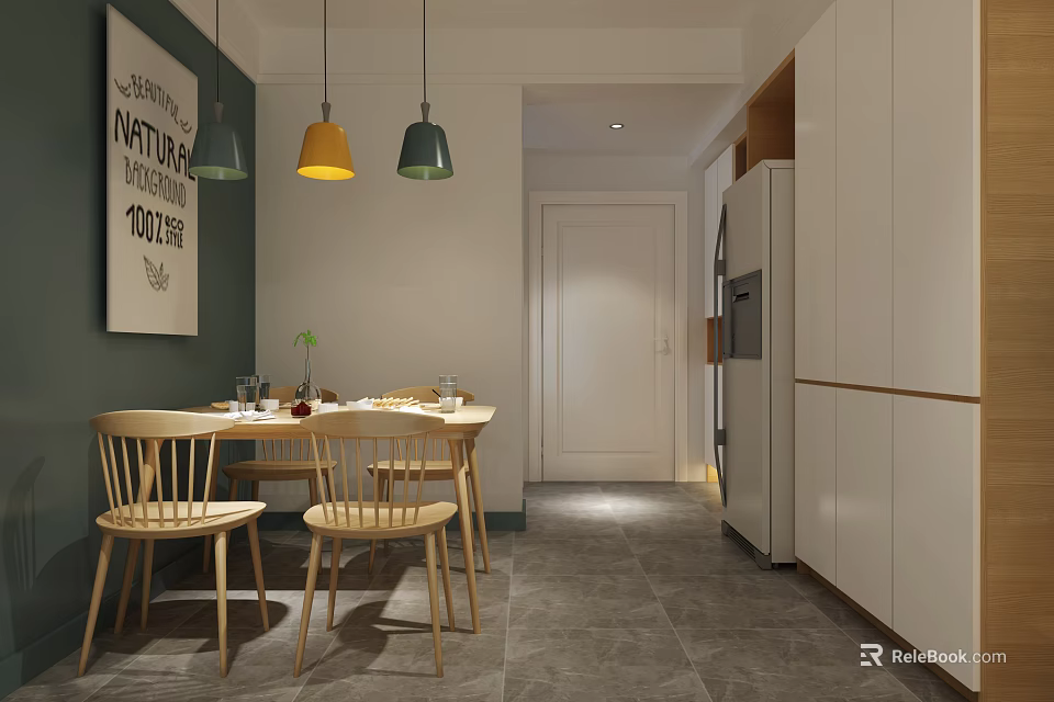 Modern Restaurant Dining Area With Wooden Table Chairs Yellow Gray Pendant Lights And White Cabinets 3d model 
