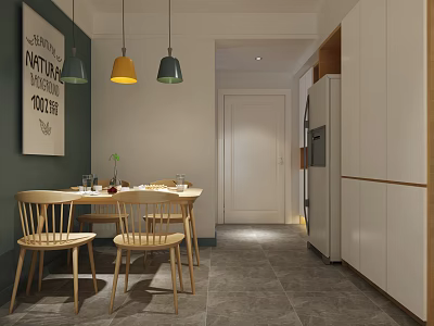 Modern Restaurant Dining Area With Wooden Table Chairs Yellow Gray Pendant Lights And White Cabinets 3d model