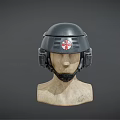 Black Safety Helmet With Red Cross Emblem On Wooden Mannequin Head