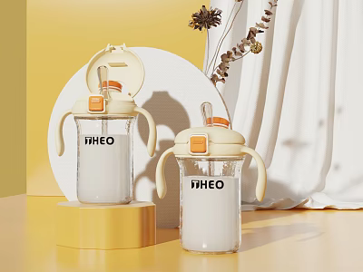 Transparent Toddler Cups With Handles Yellow Lids Straws IHEO Brand And Plant Decor 3d model
