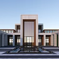 Elegant Modern Sales Office Building With Symmetrical Facade Large Glass Windows And Stone Walls
