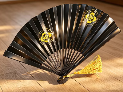 Black Decorative Hand Fan with Yellow Floral Patterns and Tassel on Wooden Floor 3d model