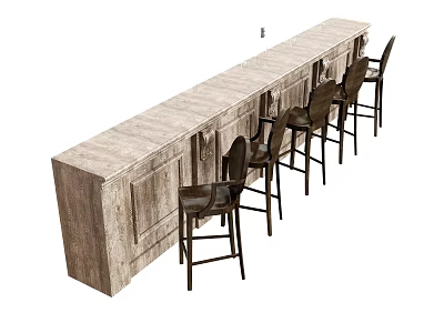 Rustic Wooden Bar Counter With Textured Top Cabinets And High Chairs 3d model
