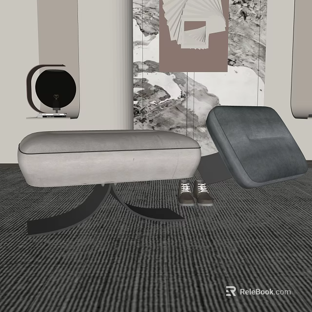 Modern Gray Fabric Sofa Stool With Shoes On Indoor Carpeted Floor 3d model 