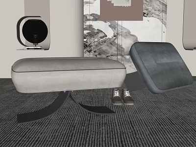 Modern Gray Fabric Sofa Stool With Shoes On Indoor Carpeted Floor 3d model