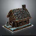 Gingerbread House with Frosting Decorated Roof Colorful Candies and Small Figurine on White Base