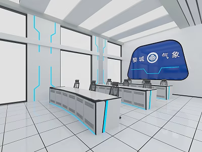 Modern Monitoring Room Interior With Large Blue Screen Control Desks And Ergonomic Chairs 3d model