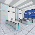 Modern Monitoring Room Interior With Large Blue Screen Control Desks And Ergonomic Chairs