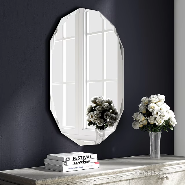 Elegant Entryway Console Table With Octagonal Mirror Flower Vase And Books On Dark Wall 3d model 