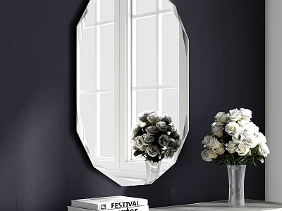Elegant Entryway Console Table With Octagonal Mirror Flower Vase And Books On Dark Wall 3d model