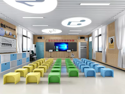 Modern School Classroom with Colorful Yellow Green Blue Stools Large Screen Windows and Storage Cabinets 3d model