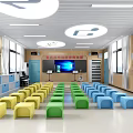 Modern School Classroom with Colorful Yellow Green Blue Stools Large Screen Windows and Storage Cabinets