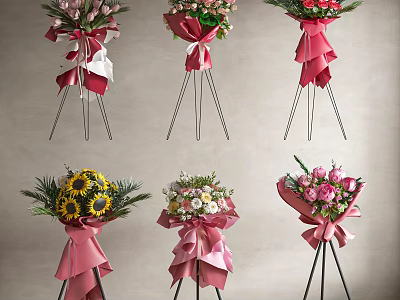 Colorful Flower Bouquets With Pink Wrapping Bowknots Sunflowers Roses And Black Tripods 3d model