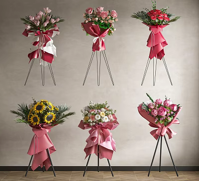 Colorful Flower Bouquets With Pink Wrapping Bowknots Sunflowers Roses And Black Tripods 3d model