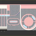 Pink Interior Display Model With Curved Counter And White Decorative Shelves