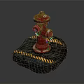 Red Fire Hydrant On Black Stone Base With Yellow Warning Stripes