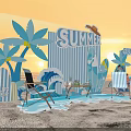 Summer Beach Photo Check-in Spot With Striped Backdrop Palm Trees Surfboards And Beach Chairs