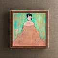 Framed Portrait Painting of Woman in Blue Lace Dress with Golden Frame