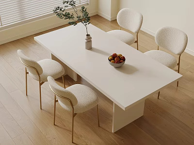 Modern Dining Room Interior With White Table Golden Leg Chairs Vase And Fruit Bowl 3d model