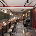 Modern Restaurant Interior Design With Round Mirrors Hanging Pendant Lights Bar Counter And Dining Seats