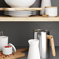 White Kitchenware Arranged On Wooden Shelves With Jars Bowls Plates And Spoons