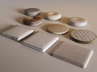 Various Shaped Upholstered Cushions In Neutral Tones With Woven Checkered And Smooth Textures 3d model