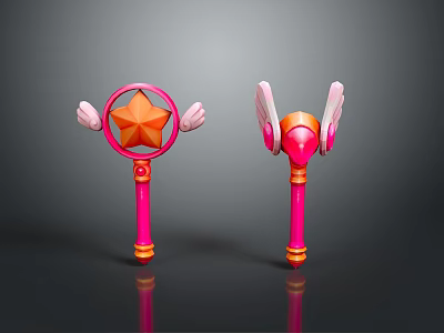 Pink And Orange Fantasy Magic Wand With Star Shape And Wing Decorations 3d model