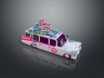 Ghostbusters Themed Toy Car With White Body Red Logo Purple Windows And Top Equipment 3d model