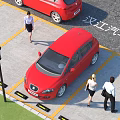 Hanjiang Auto Parking Lot With Red Cars Walking Pedestrians Yellow Lines And Street Lamp