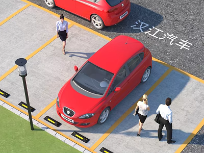 Hanjiang Auto Parking Lot With Red Cars Walking Pedestrians Yellow Lines And Street Lamp 3d model