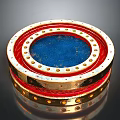 Round Layered Ornamental Scene Component With Blue Center Red Frame And Gold Rivets