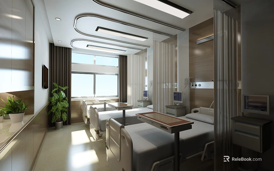 Bright Hospital Ward Interior With Two Beds White Sheets Curtains And Plants 3d model 