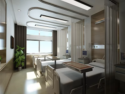 Bright Hospital Ward Interior With Two Beds White Sheets Curtains And Plants 3d model