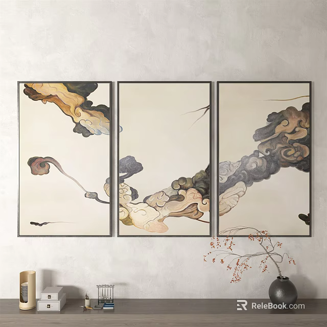 Three Panel Abstract Wall Art For Interior With Decorative Branches And Vase 3d model