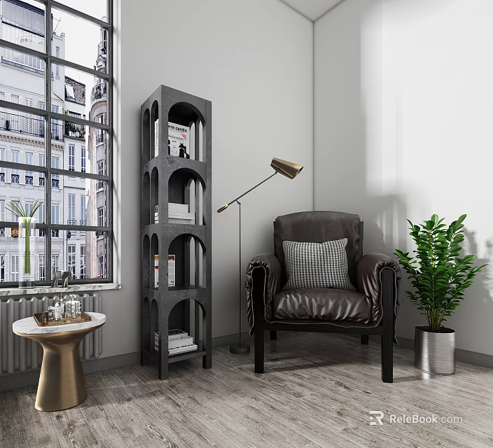 Brown Leather Single Sofa with Floor Lamp Bookshelf and Green Plant in Living Room 3d model 
