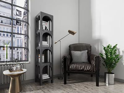 Brown Leather Single Sofa with Floor Lamp Bookshelf and Green Plant in Living Room 3d model