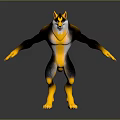 Anthropomorphic Wolf Character 3D Model in Standing Pose with Yellow Black White Fur