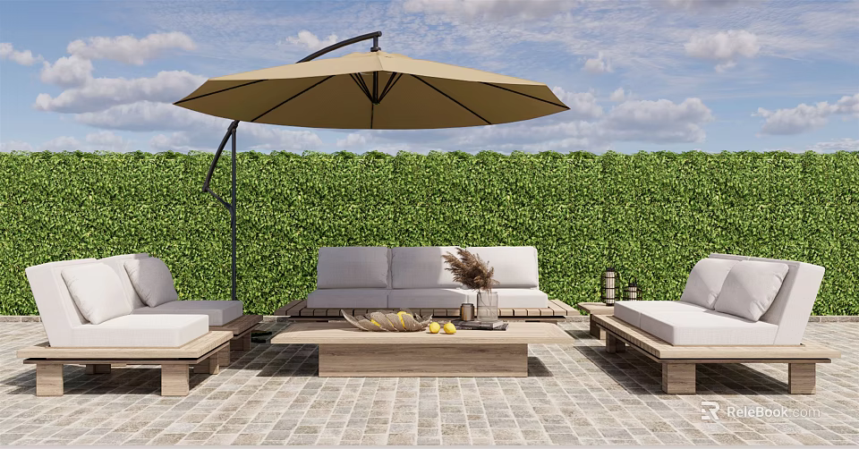 Outdoor Sofa With White Cushions And Wooden Coffee Table Under Patio Umbrella Against Green Hedge 3d model 