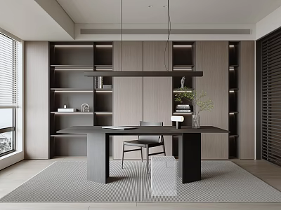 Modern Study Room Interior Design With Wooden Desk Bookshelves And Comfortable Chair 3d model