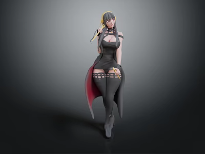3D Female Character Model In Black Outfit With Long Hair High Heels And Cloak 3d model