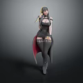 3D Female Character Model In Black Outfit With Long Hair High Heels And Cloak